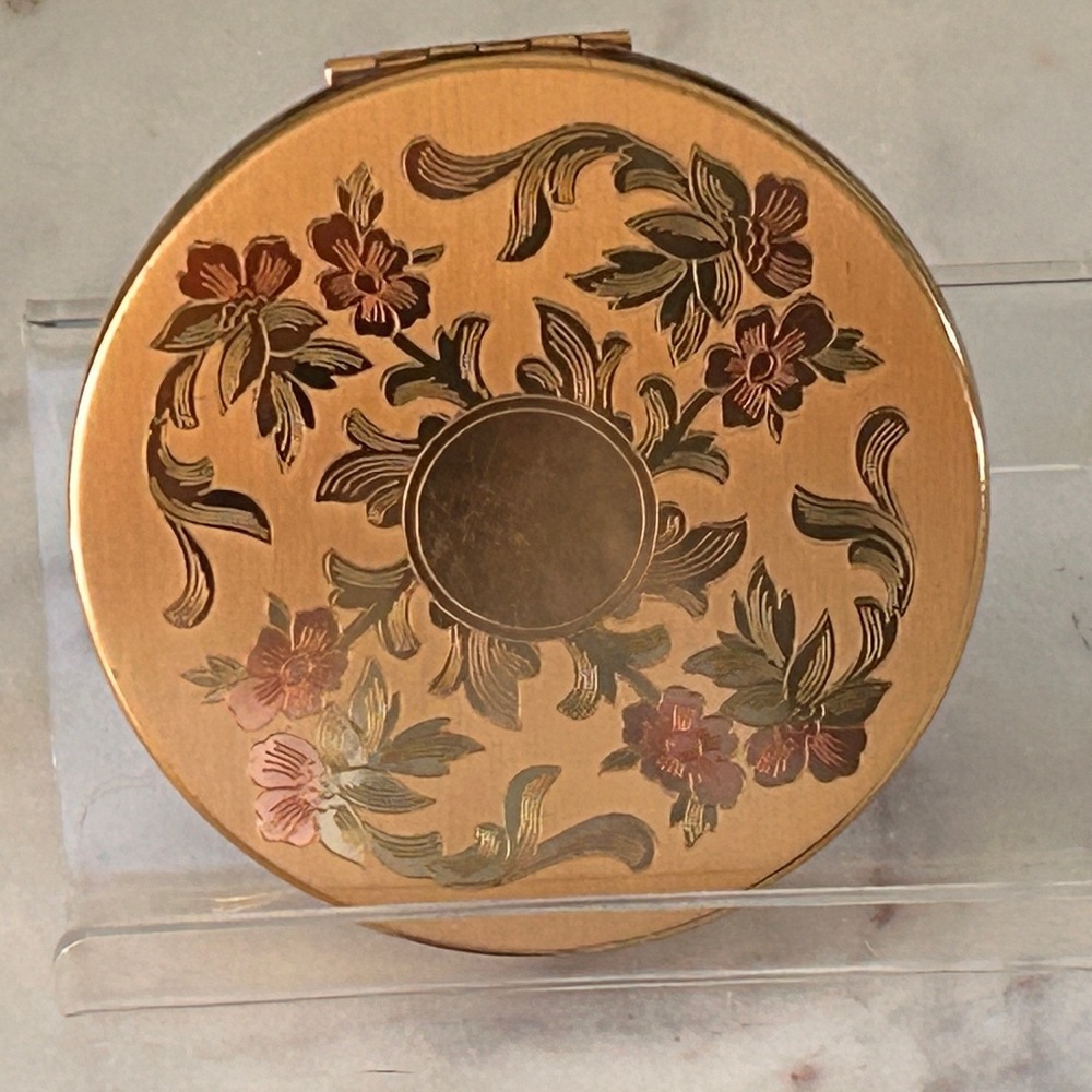Vintage Elgin American Gold Tone Etched Floral Powder Compact Mirror Made in USA